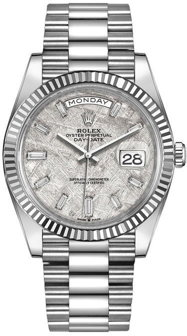Rolex Day-Date 40mm Meteorite Baguette Dial White Gold Fluted Bezel Reference # 228239 - WatchesOff5thWatch